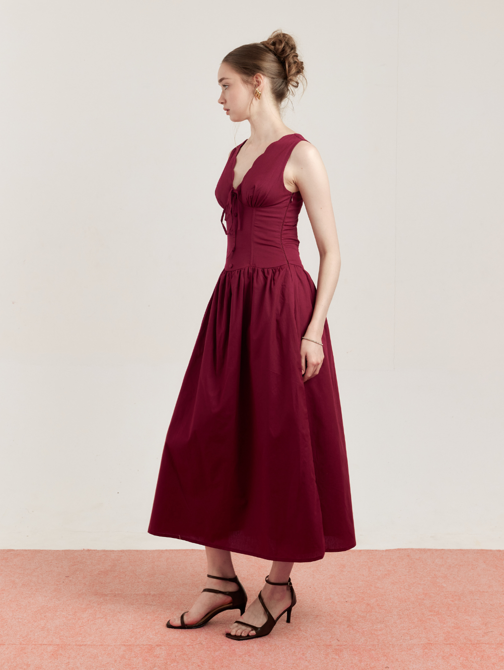 maroon 5 red dress L'Academie by Marianna Enoa Midi Dress in Maroon